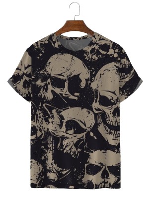 Men's Skull Print Crew Neck Short Sleeve T-Shirt